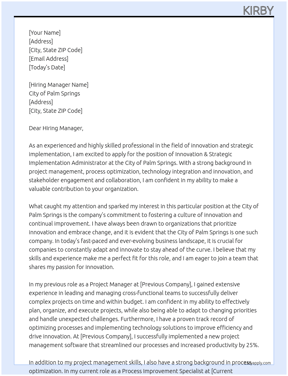 Innovation & Strategic Implementation Administrator At City of Palm Springs Cover Letter