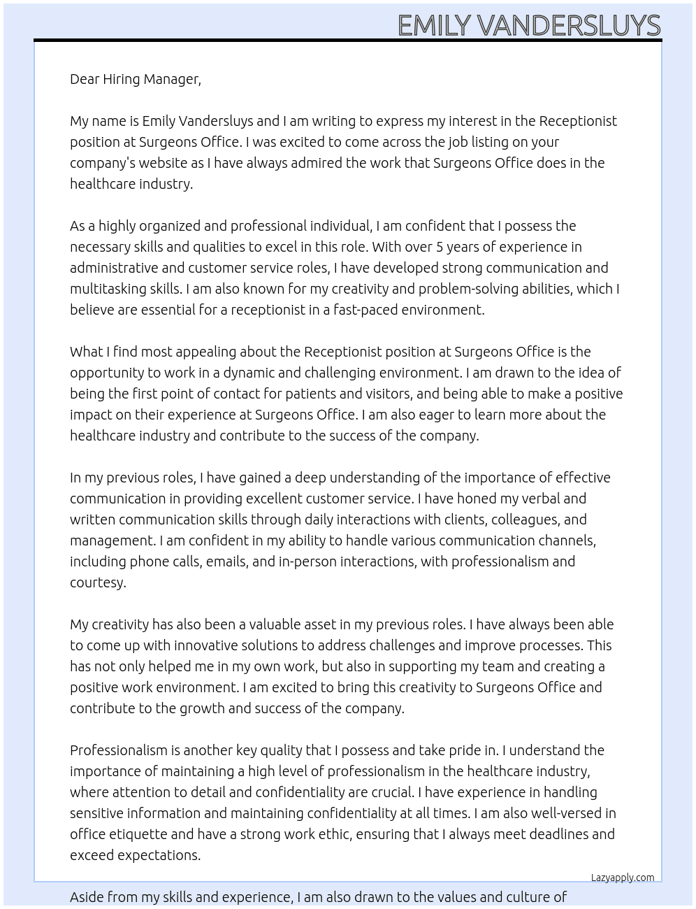 Receptionist At Surgeons Office Cover Letter