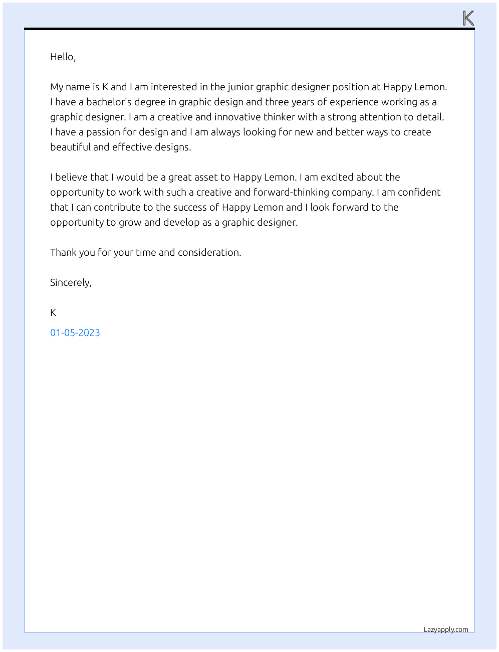 junior graphic designer At Happy Lemon Cover Letter
