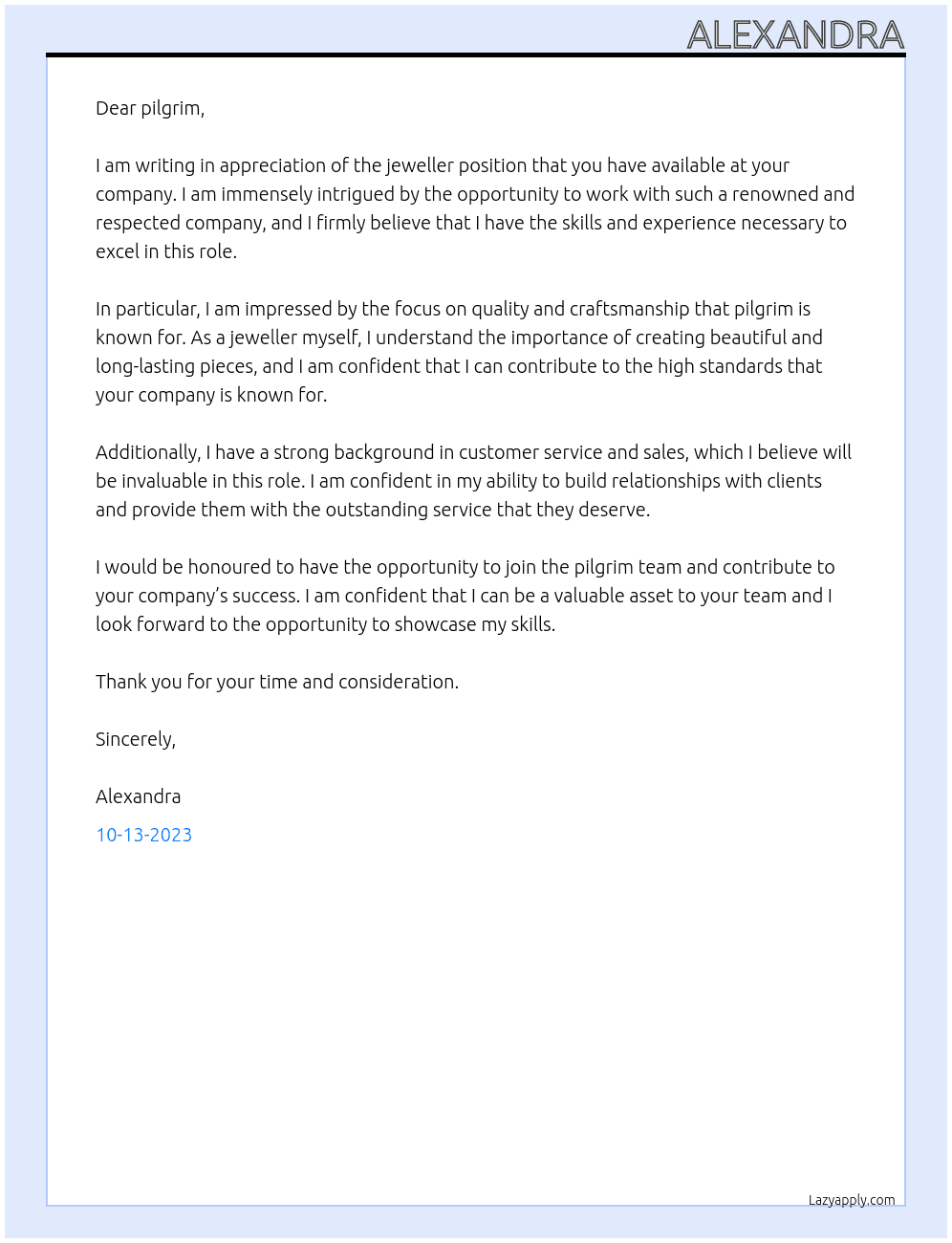 jeweller At pilgrim Cover Letter