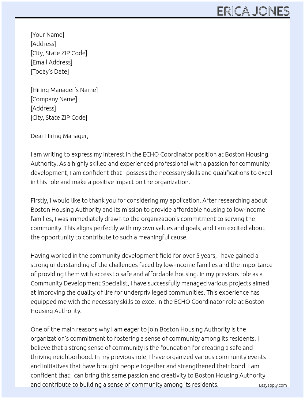ECHO Coordinator  At Boston Housing Authority  Cover Letter