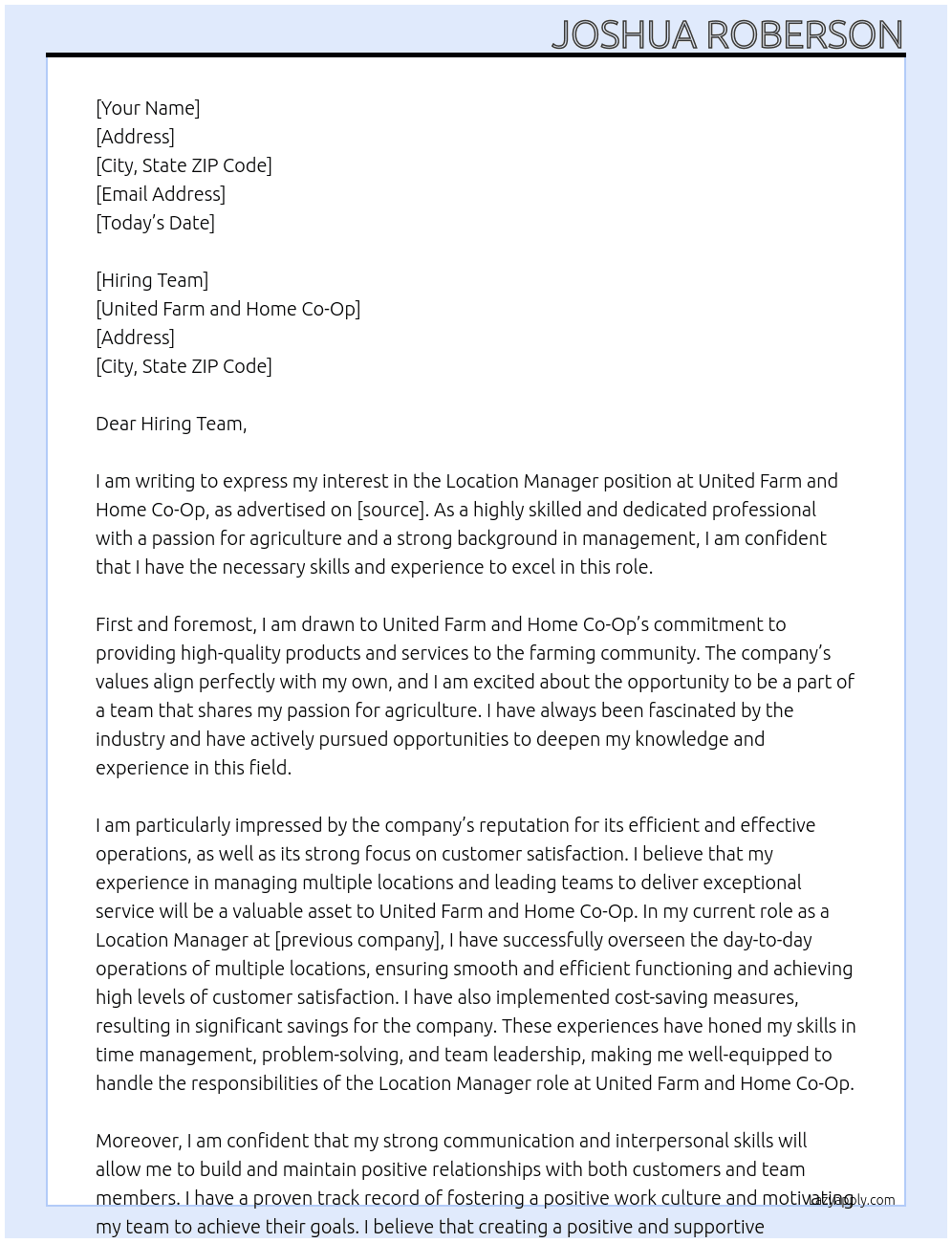 Location Manager At United Farm and Home Co-Op Cover Letter