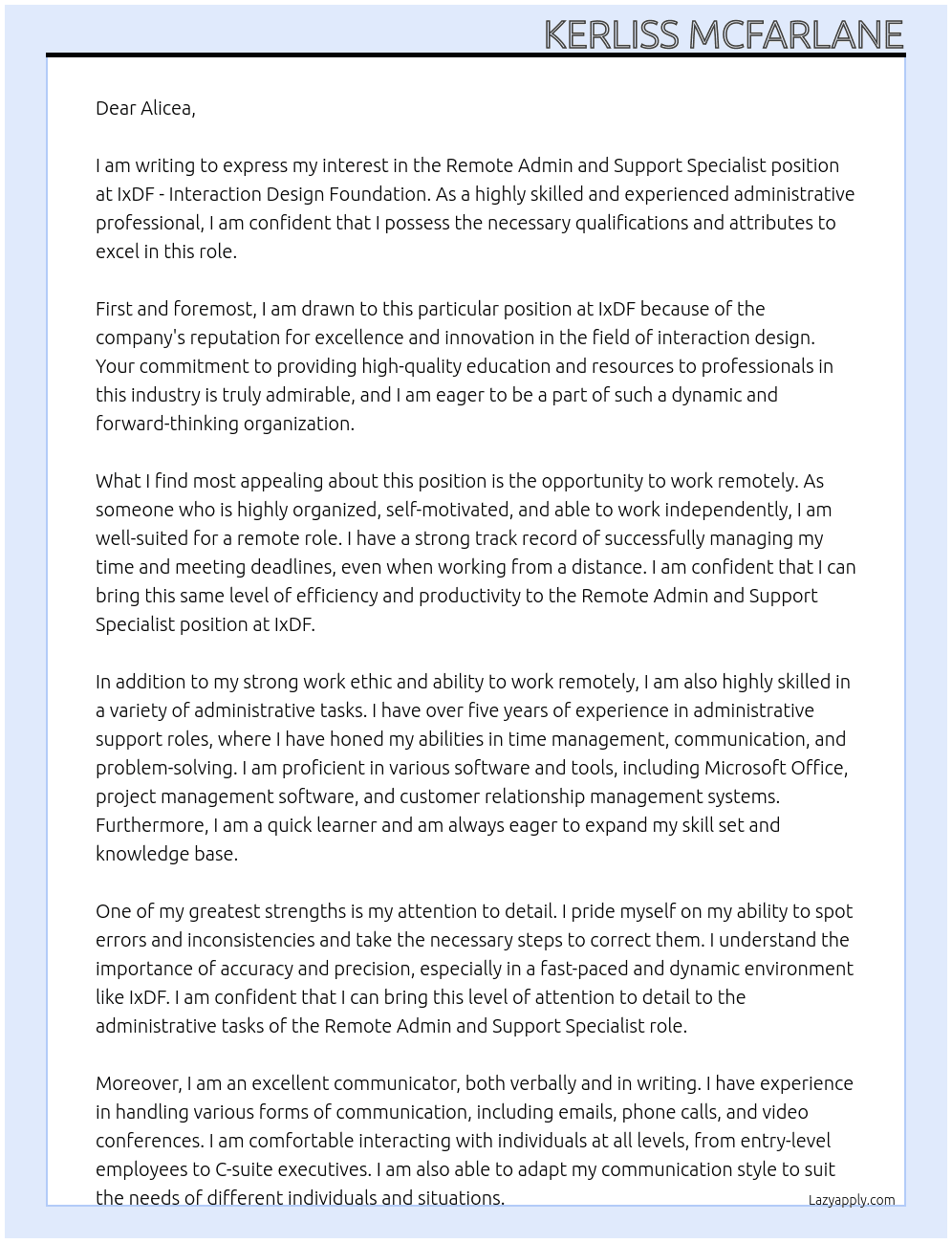 Remote Admin and Support Specialist At IxDF - Interaction Design Foundation Cover Letter