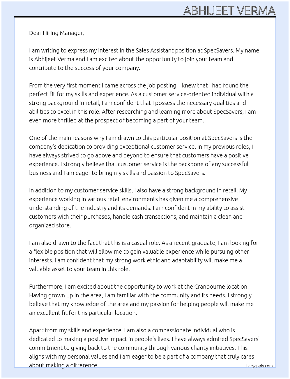 Sales assistant At SpecSavers Cover Letter
