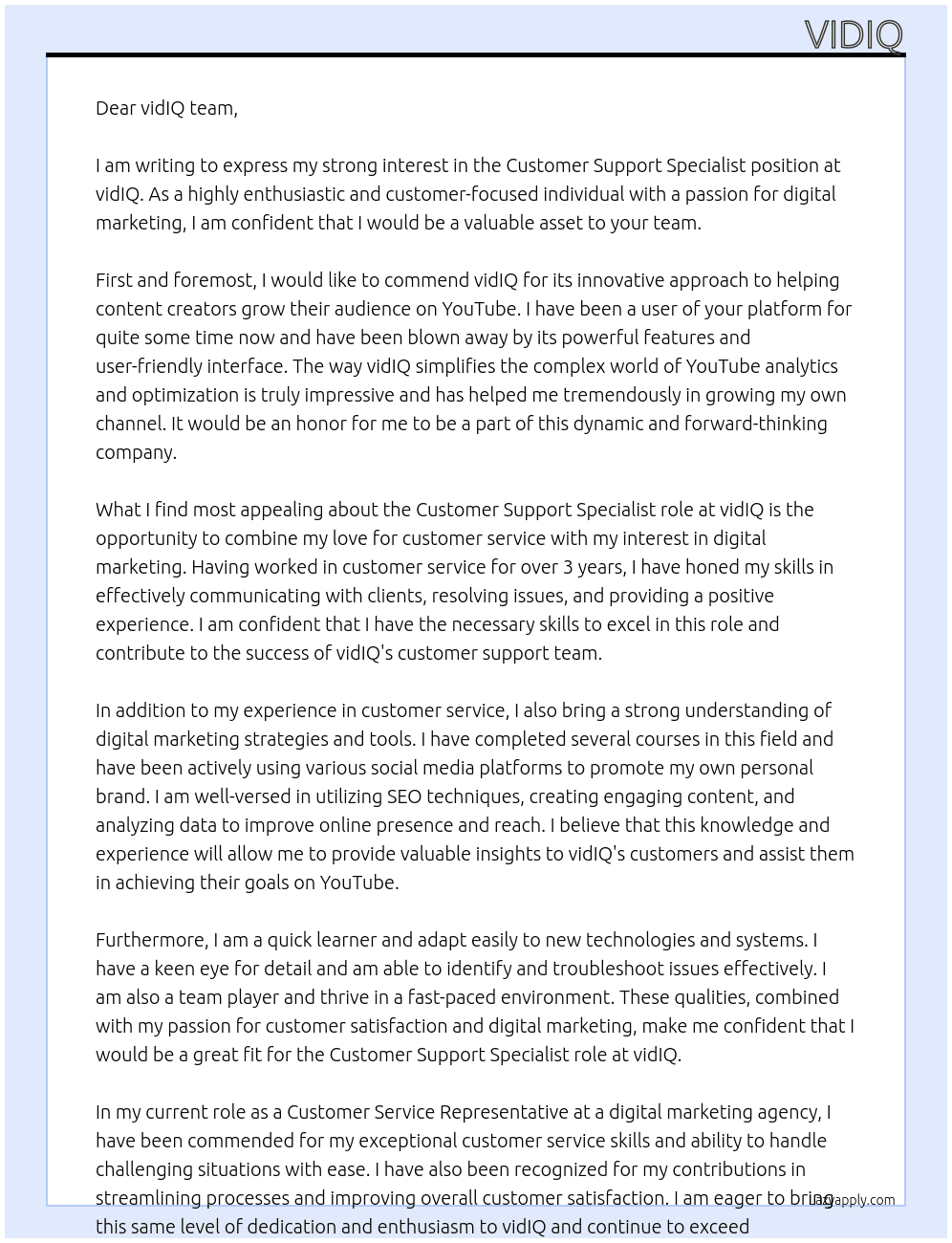 Customer Support Specialist At vidIQ Cover Letter