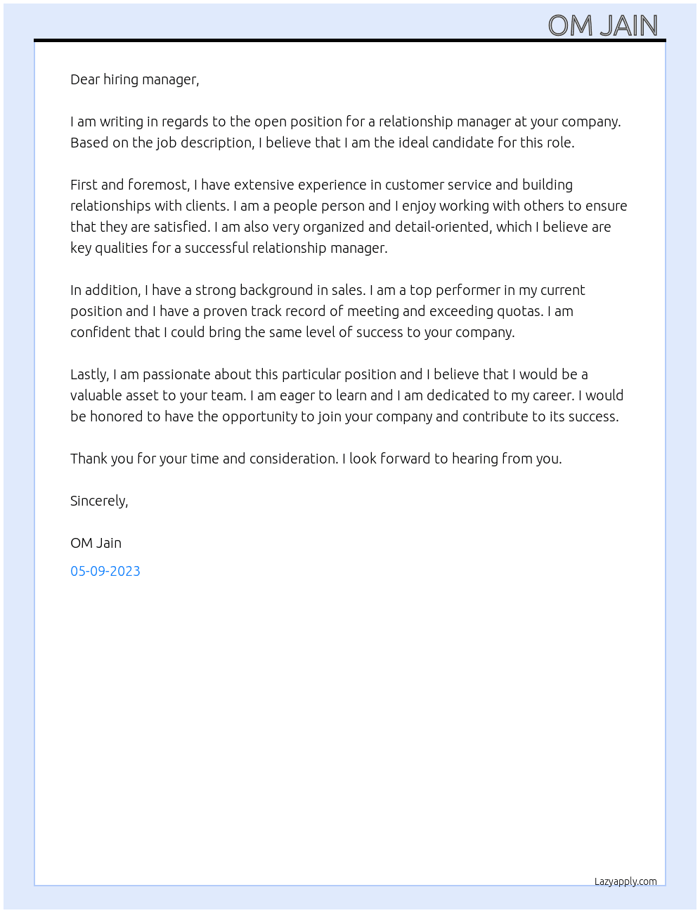 Relationship Manager At . Cover Letter