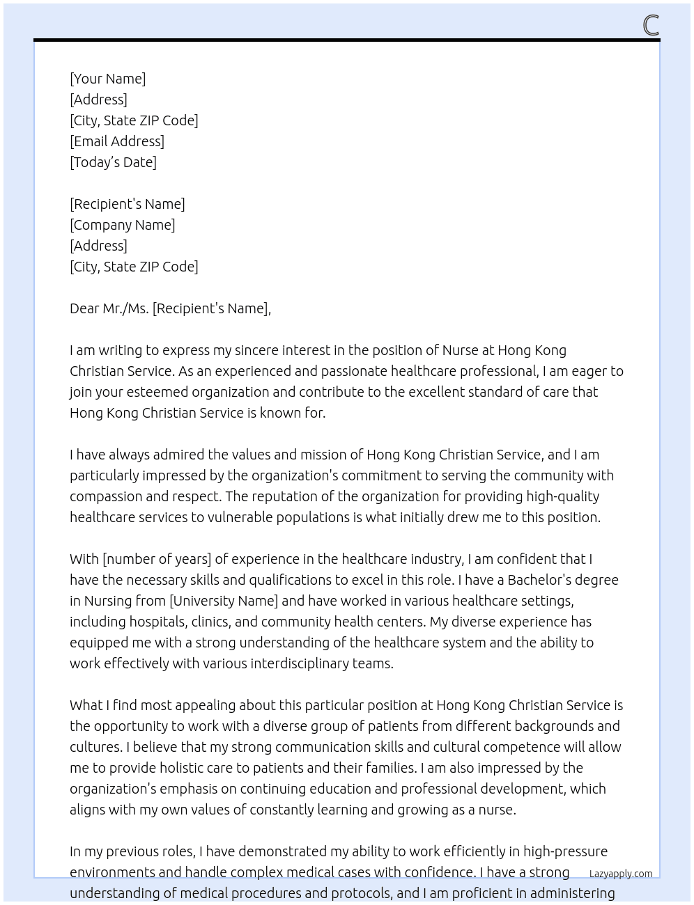Nurse At Hong Kong Chrsitian Service Cover Letter