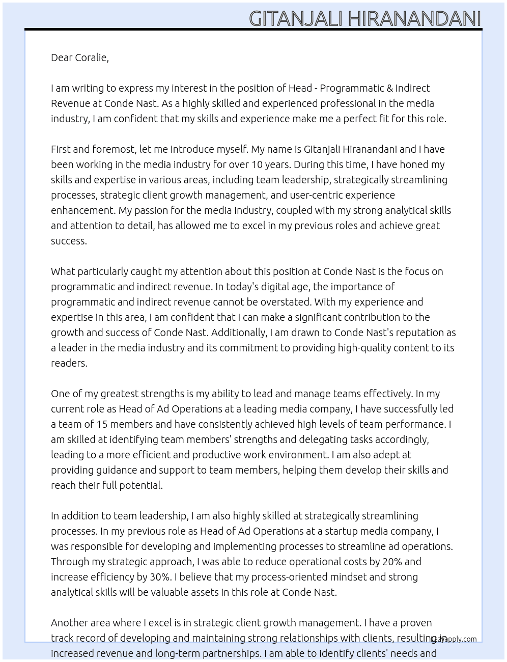 Head - Programmatic & Indirect Revenue At Conde Nast  Cover Letter
