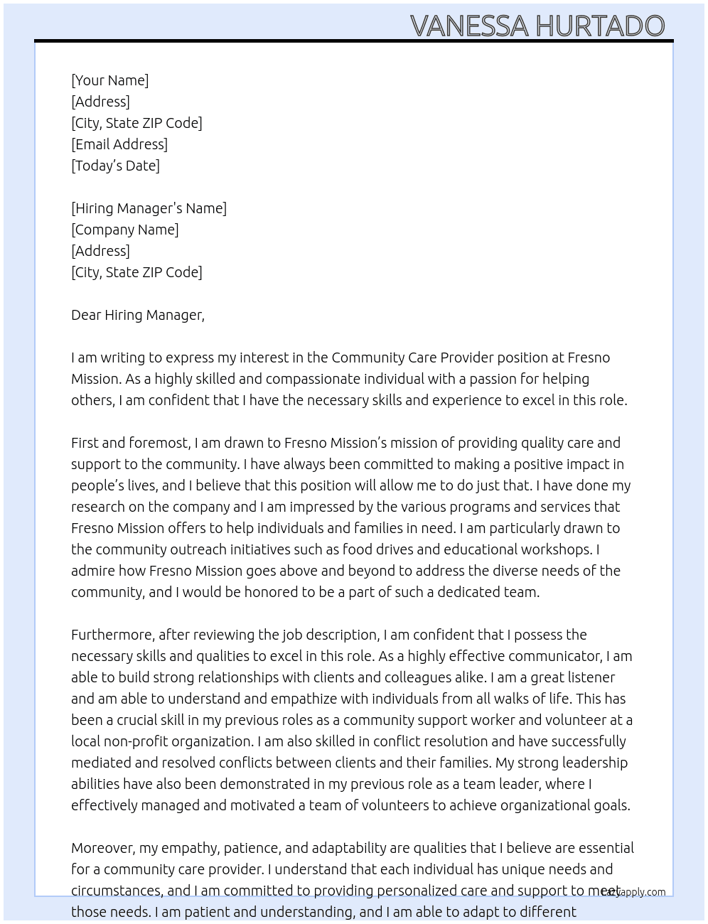 Community care provider At Fresno Mission  Cover Letter