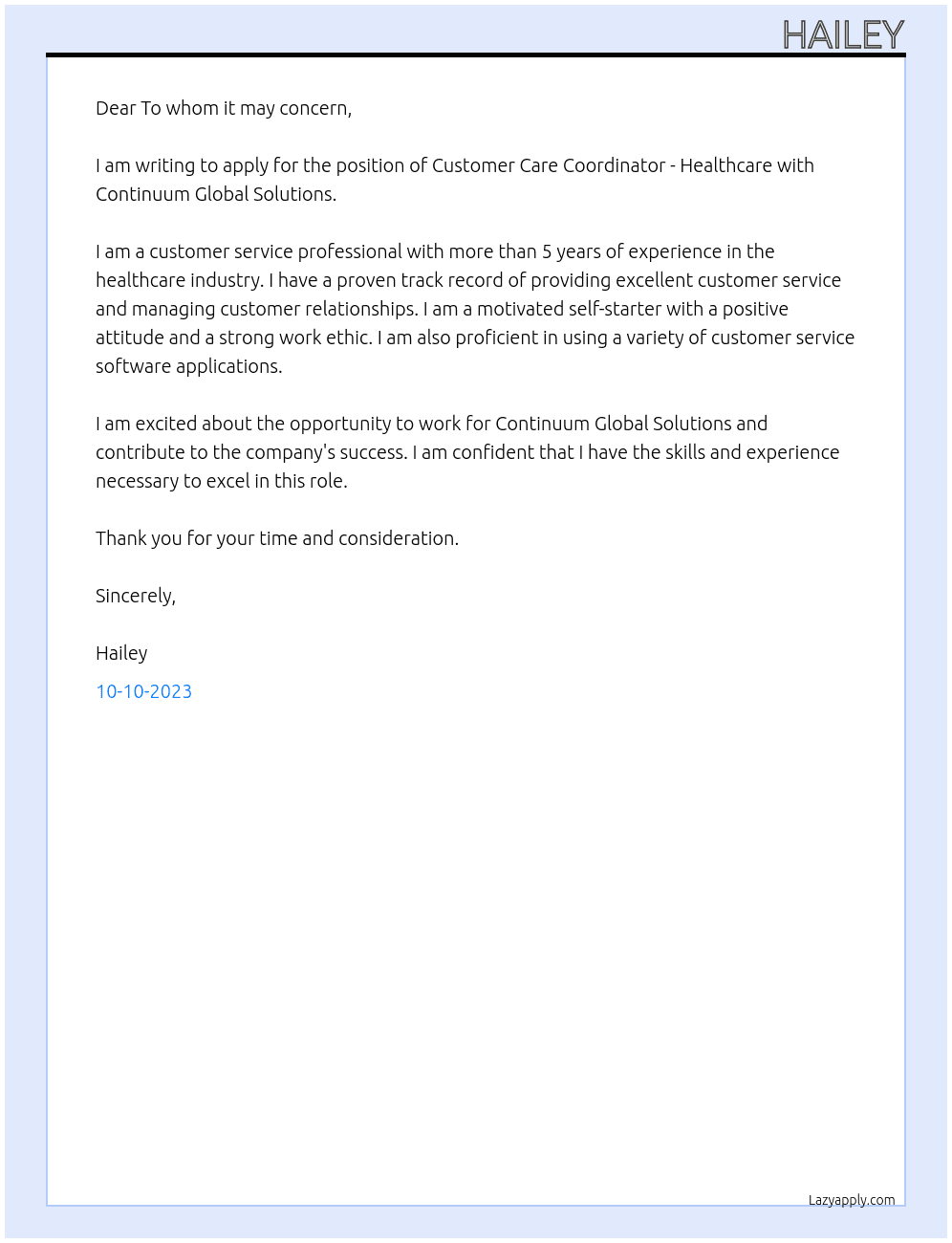 Customer Care Coordinator - Healthcare At Continuum Global Solutions Cover Letter