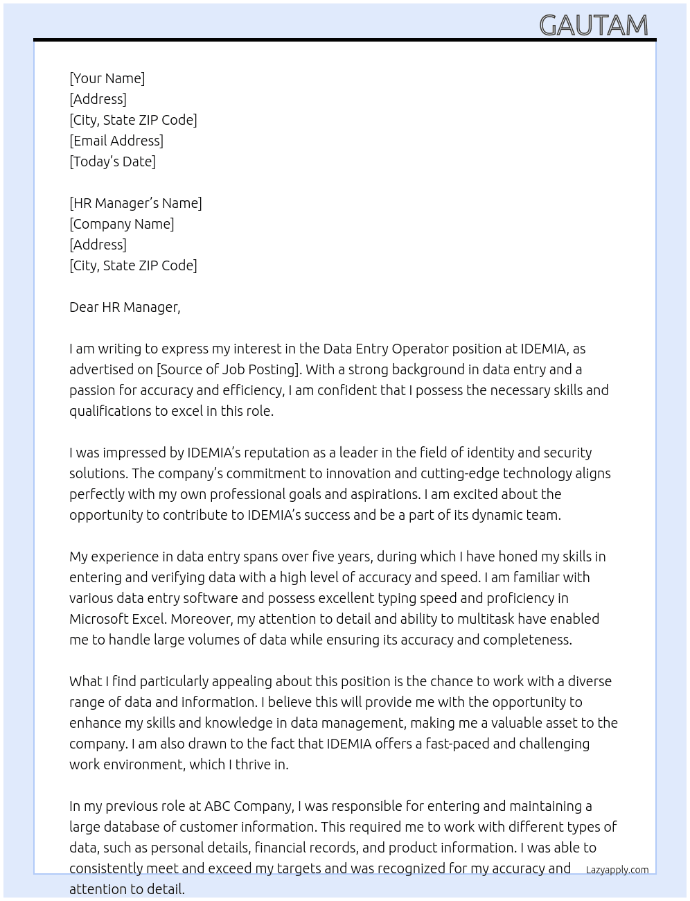Data entry operator  At IDEMIA Cover Letter
