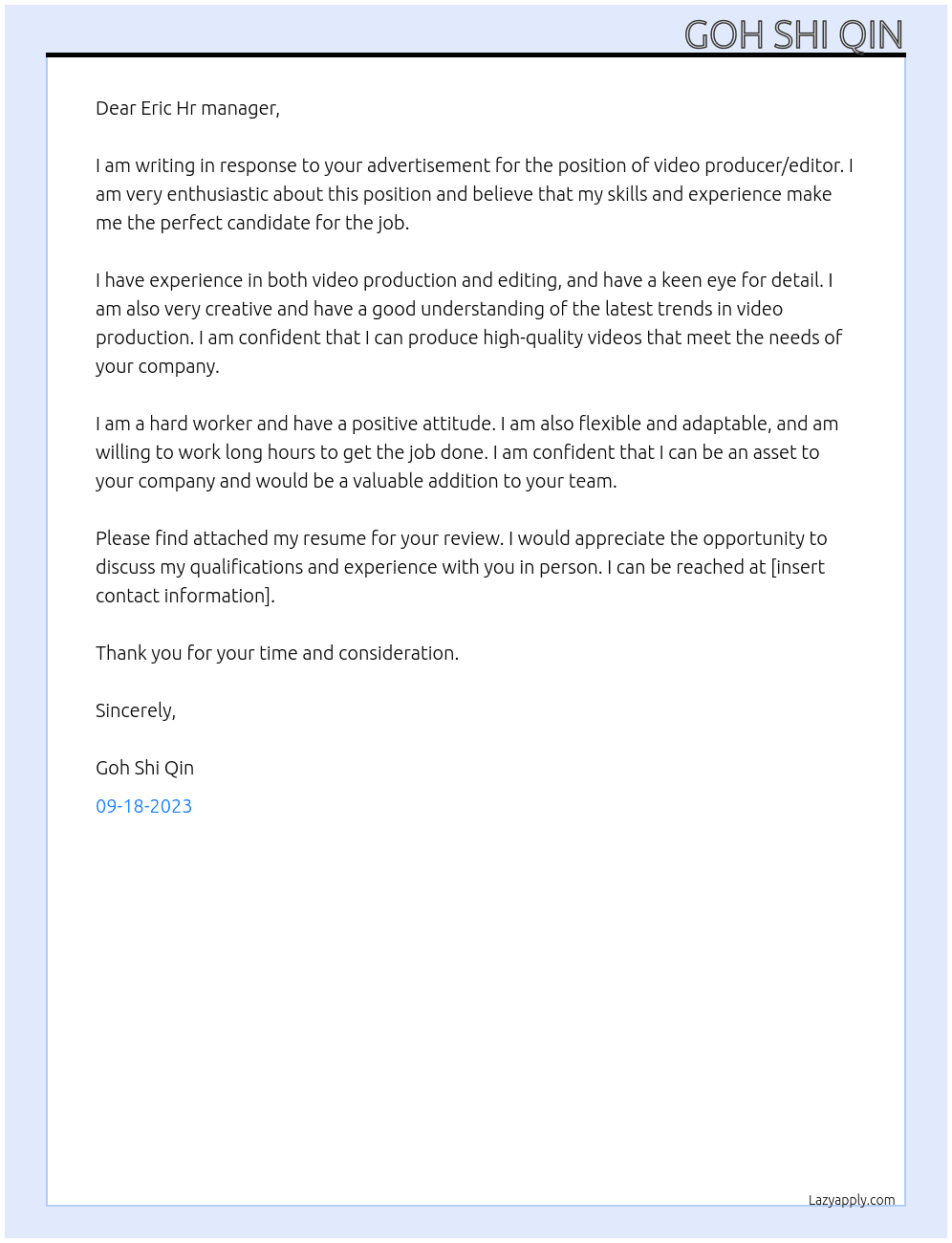 video producer/editor At AUG Global Network Cover Letter