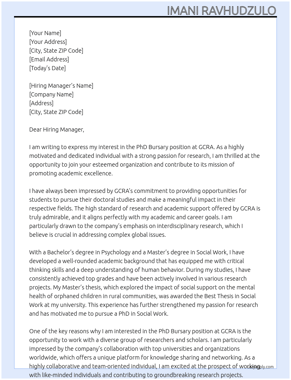 PhD bursary At GCRA Cover Letter