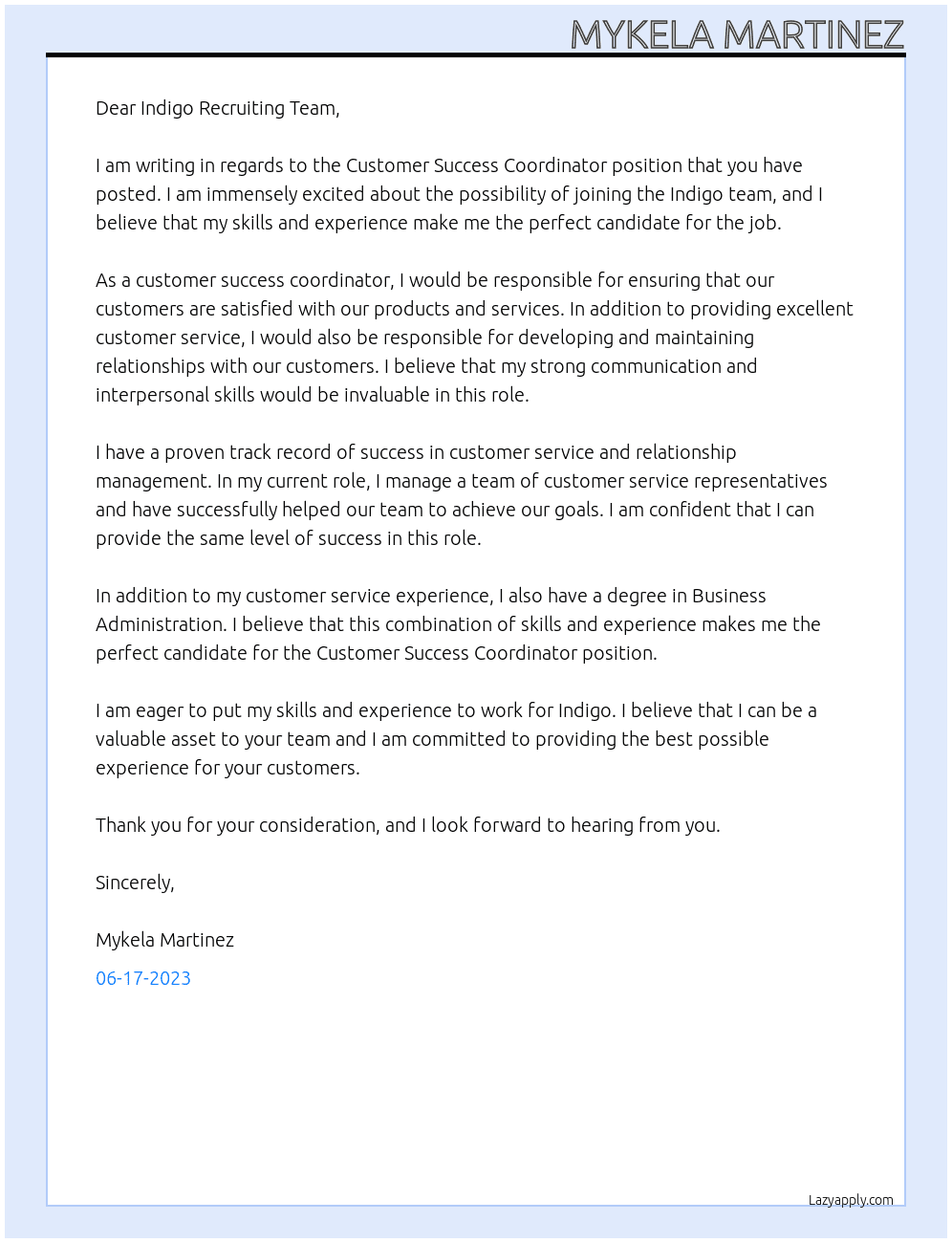 Customer Success Coordinator  At Indigo Cover Letter