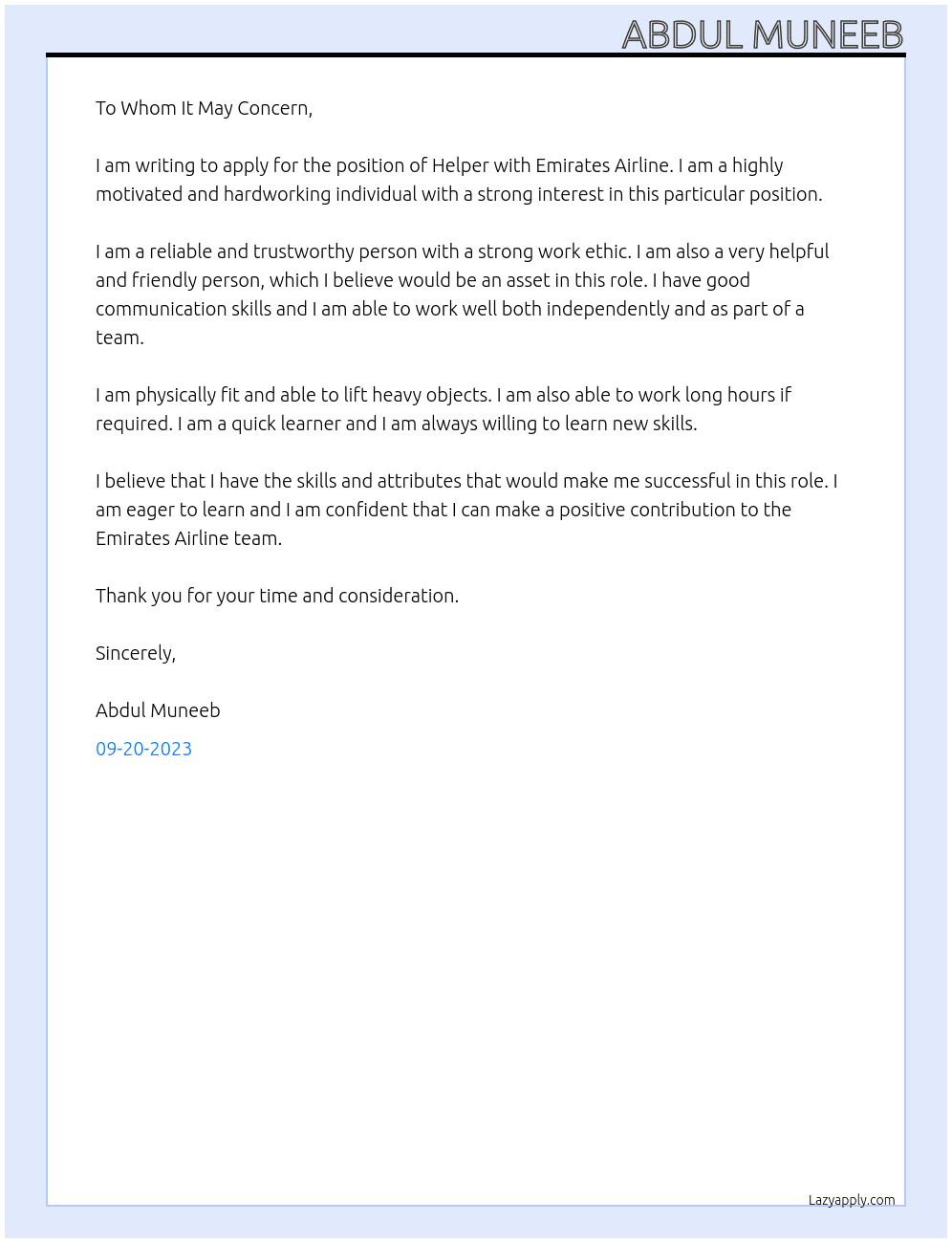 Helper At Emirates Airline Cover Letter