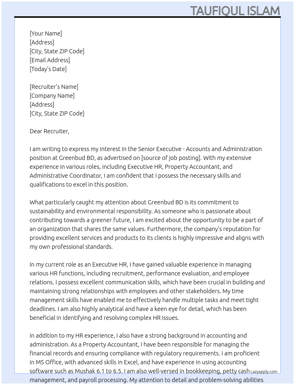 Senior Executive - Accounts and Administration At Greenbud BD Cover Letter