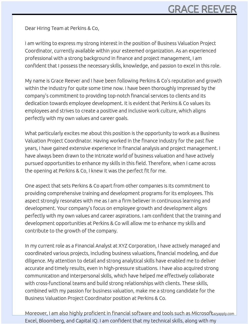 Business Valuation Project Coordinator At Perkins & Co Cover Letter