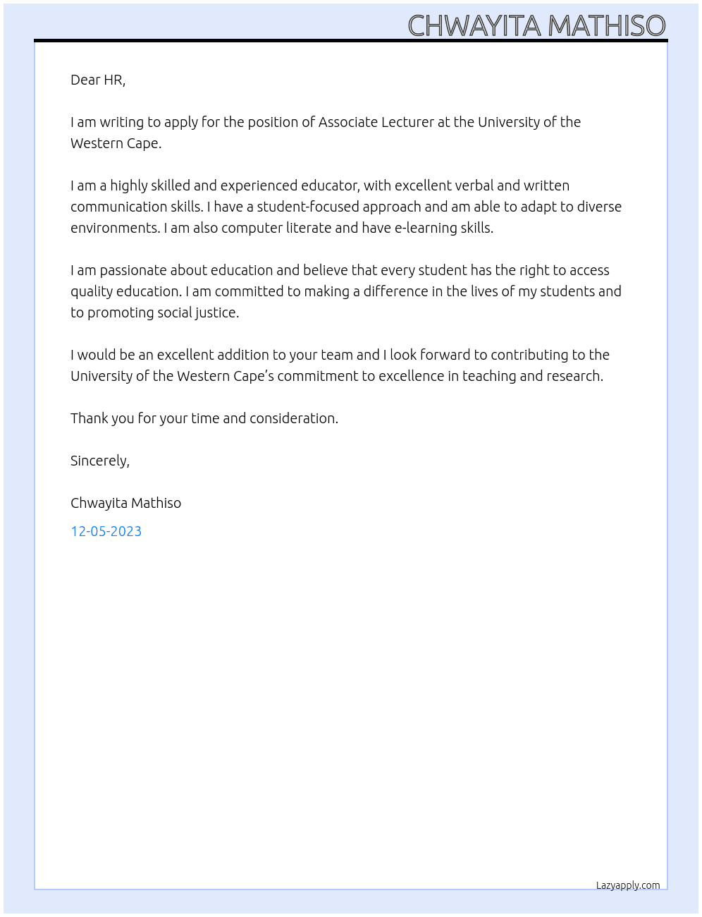associate lecturer At university of the western cape  Cover Letter