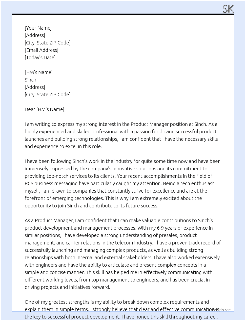 Product Manager At Sinch Cover Letter