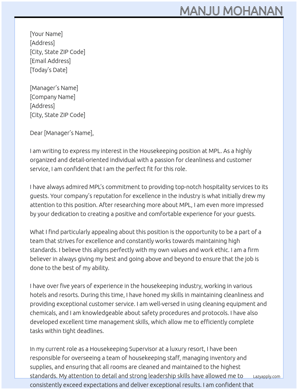houskeeping At mpl Cover Letter