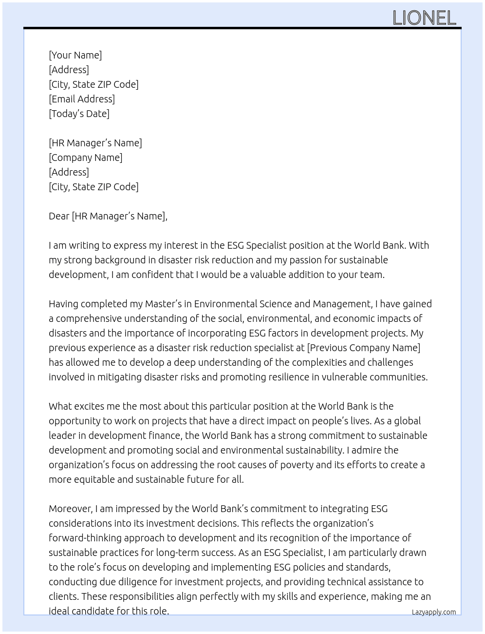 ESG Specialist from a disaster risk reduction background  At World Bank  Cover Letter