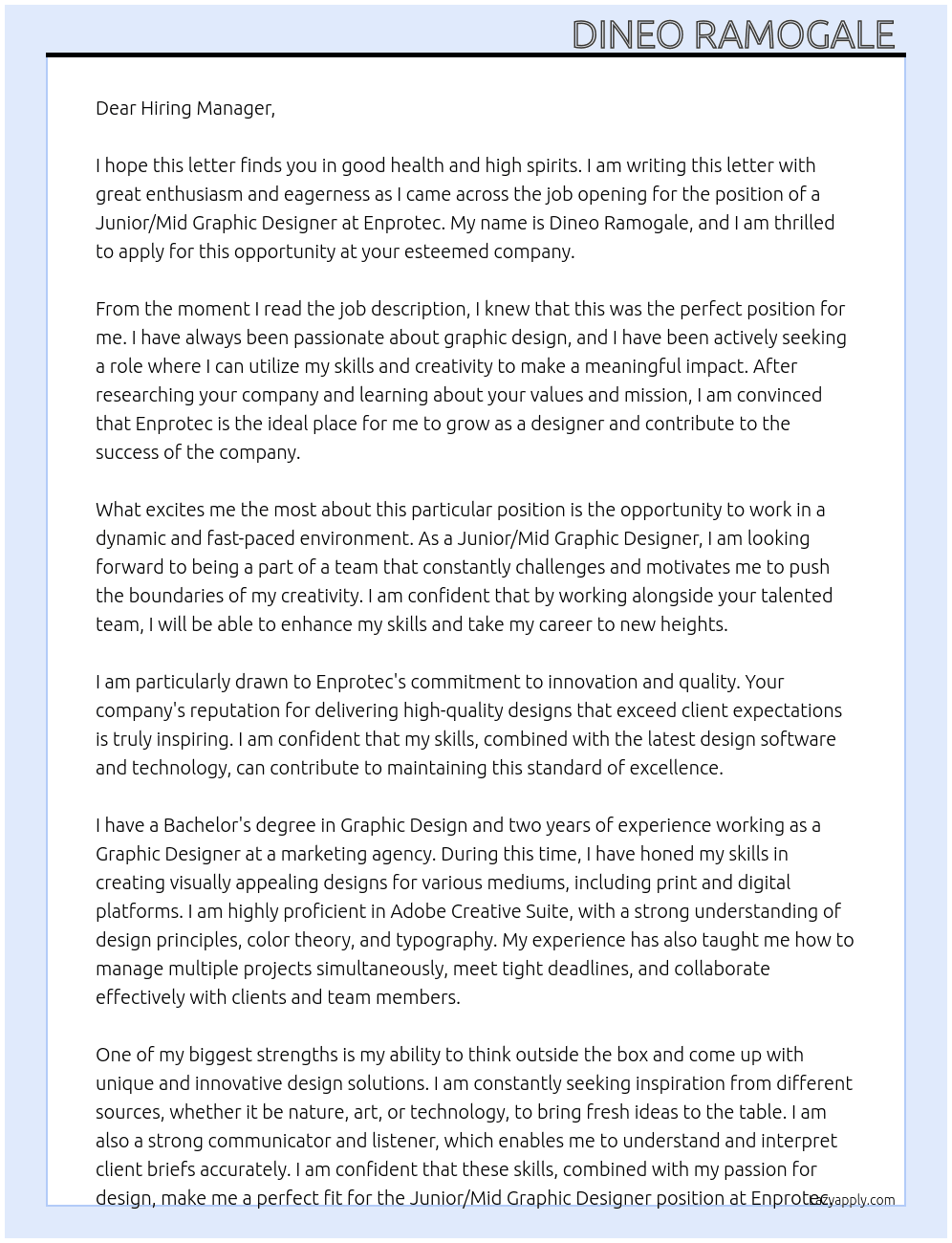 junior/mid graphic design At Enprotec Cover Letter