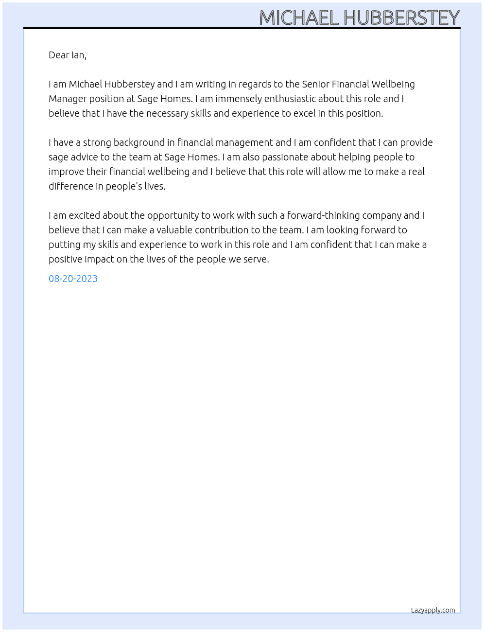 Senior Financial Wellbeing Manager At Sage Homes Cover Letter