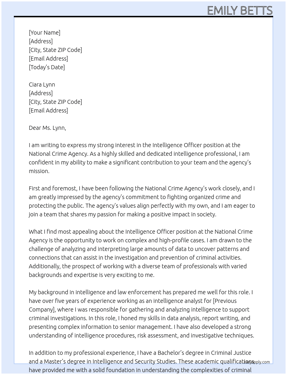Intelligence Officer At National Crime Agency Cover Letter