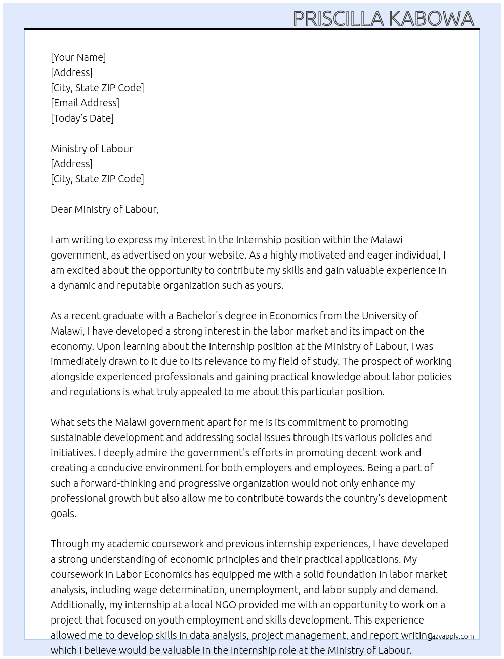 INTERNSHIP APPLICATION  At Malawi government  Cover Letter