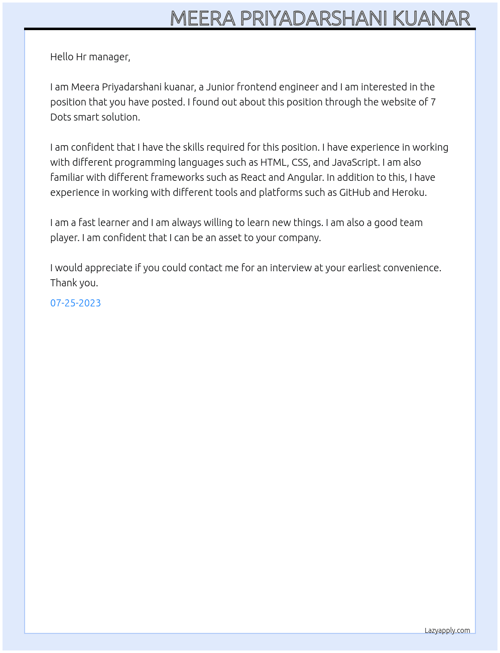 Junior frontend engineer  At 7 Dots smart solution  Cover Letter