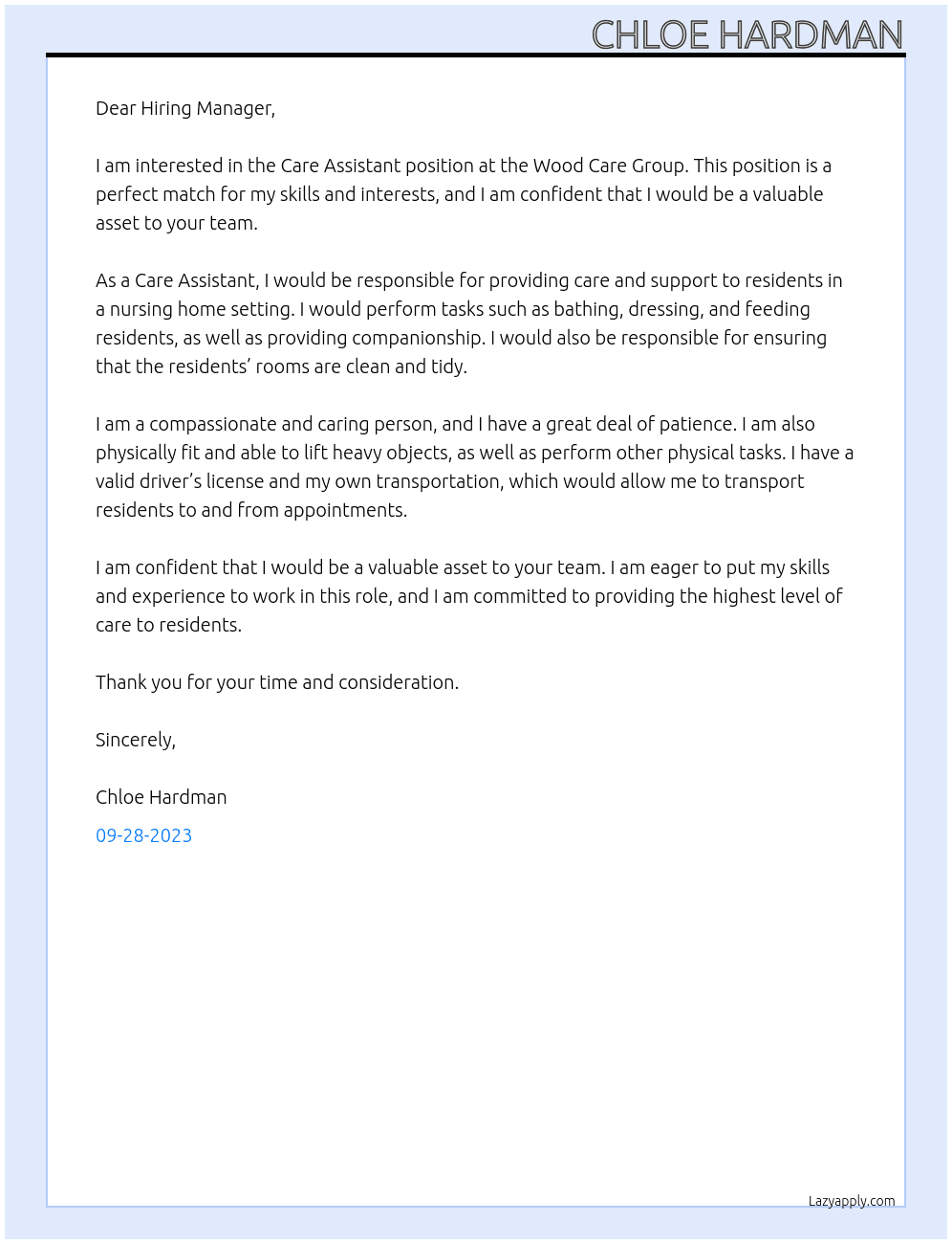 Care Assistant At Wood Care Group Cover Letter