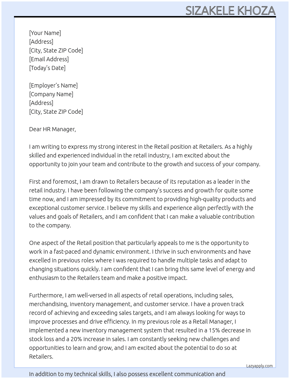 Retail  At Retailers  Cover Letter