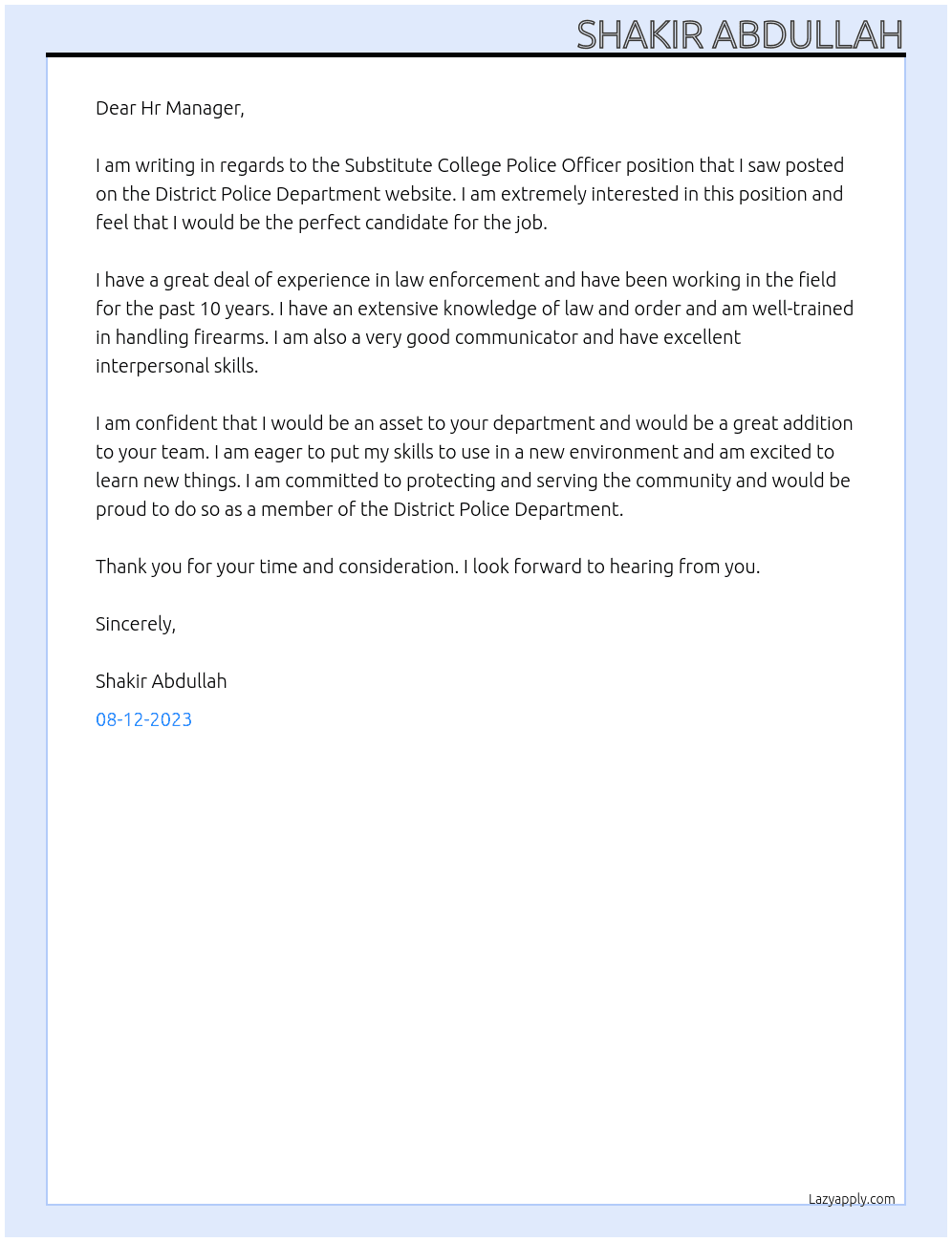 Substitute College Police Officer At District Police Department Cover Letter