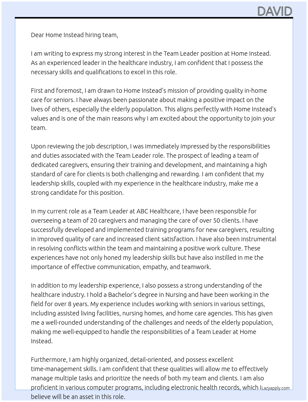 Team leader At Home instead Cover Letter