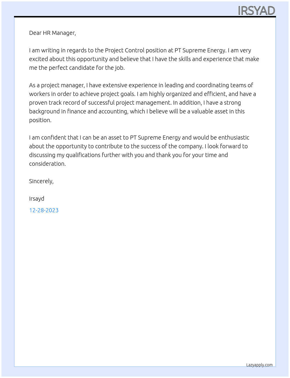 project control At PT Supreme Energy Cover Letter
