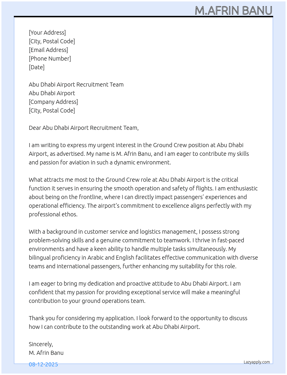 Ground crew  At Abu Dhabi Airport  Cover Letter