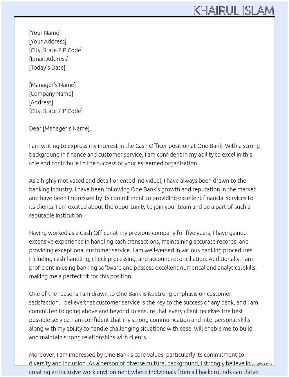 Cash Officer  At One bank Cover Letter