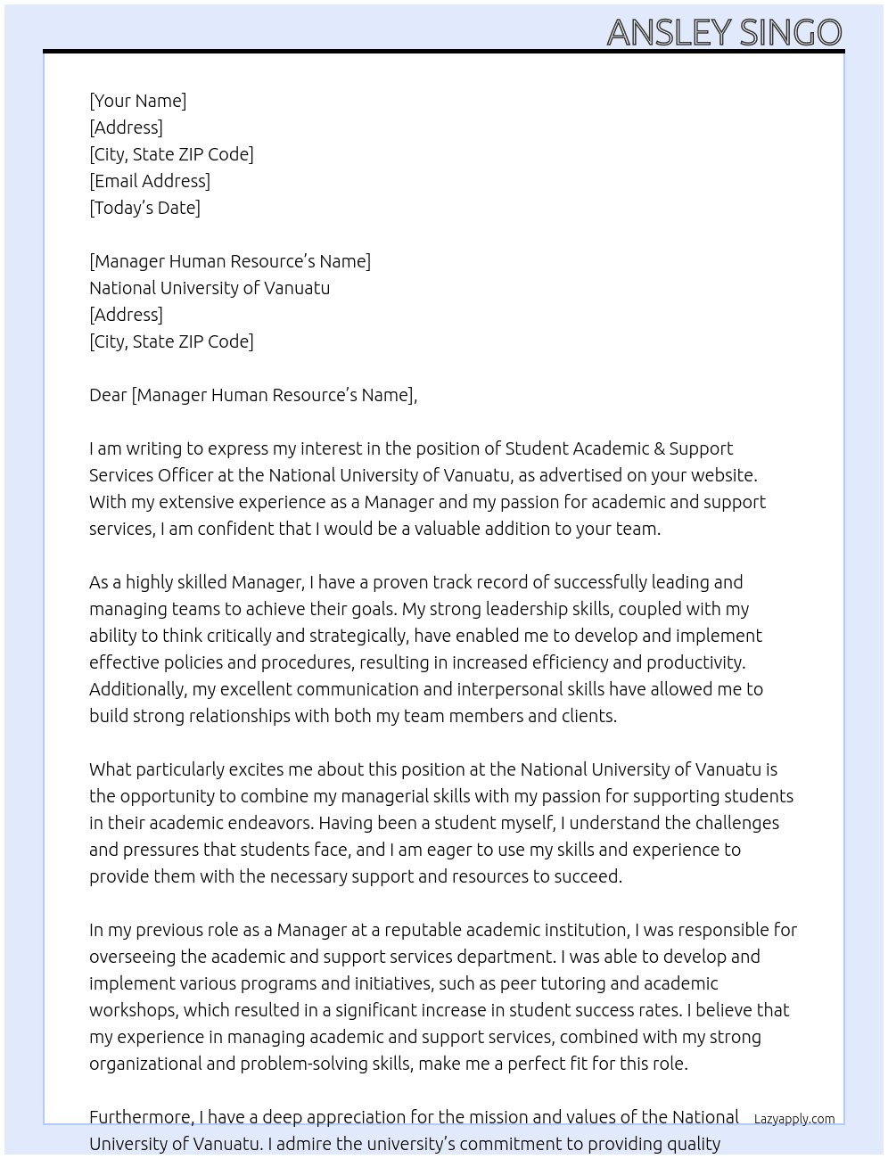 Student Academic & Support Services Officer At National University of Vanuatu Cover Letter