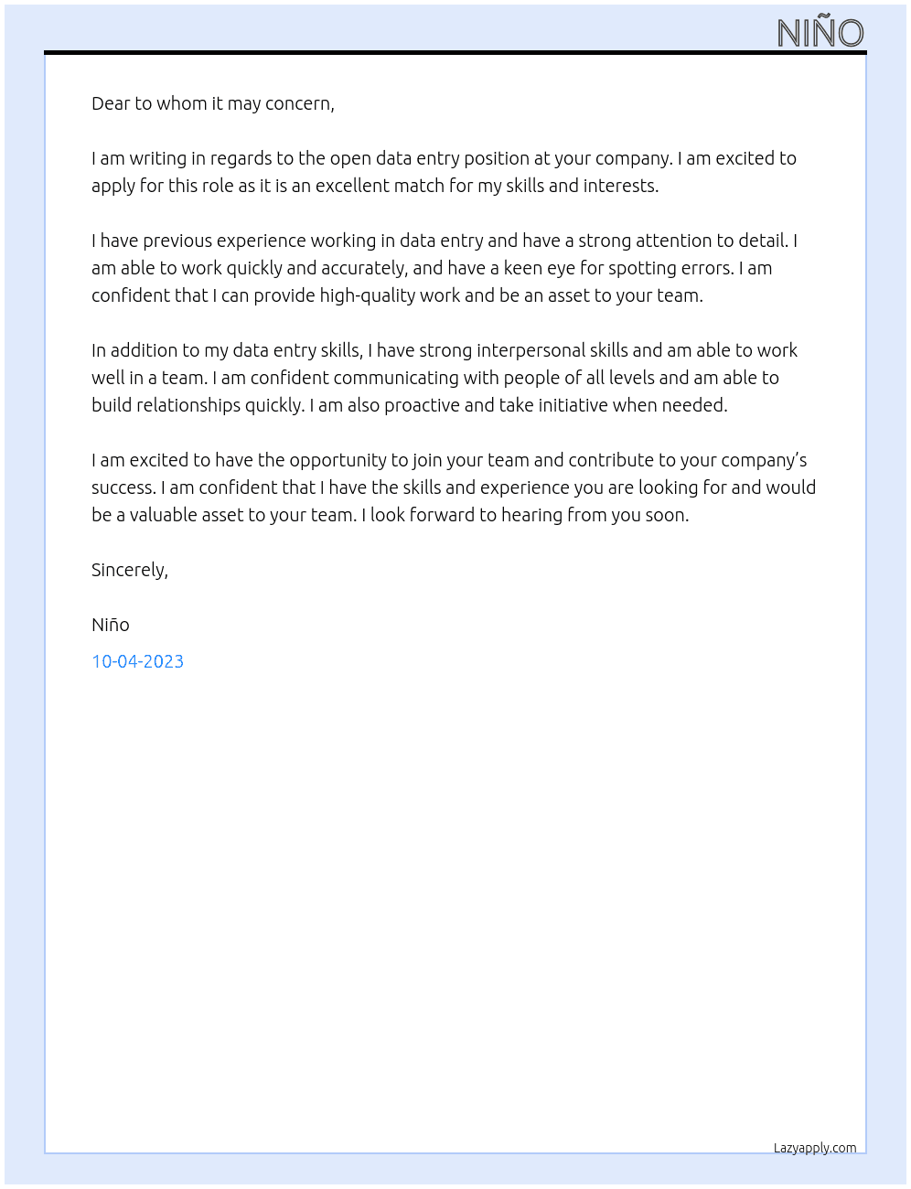 Data entry At to whom Cover Letter