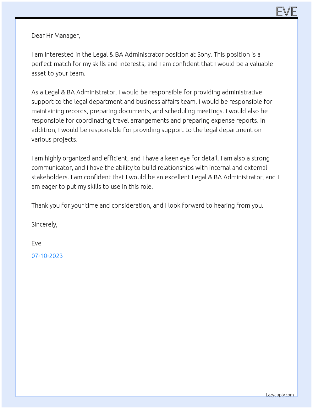 Legal & BA Adminstrator At Sony  Cover Letter
