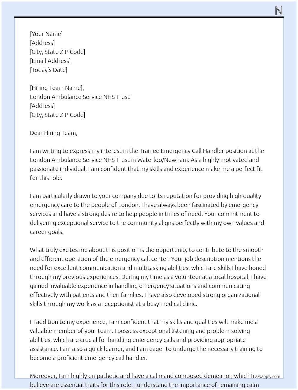 Trainee Emergency Call Handler - Waterloo/Newham At London Ambulance Service NHS Trust Cover Letter