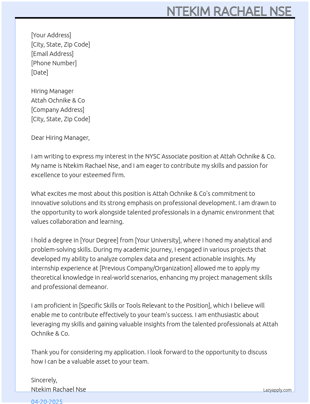 NYSC Associate  At Attah Ochnike &Co Cover Letter