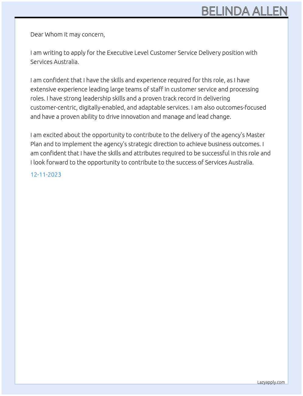 Executive Level Customer Service Delivery At Services Australia Cover Letter