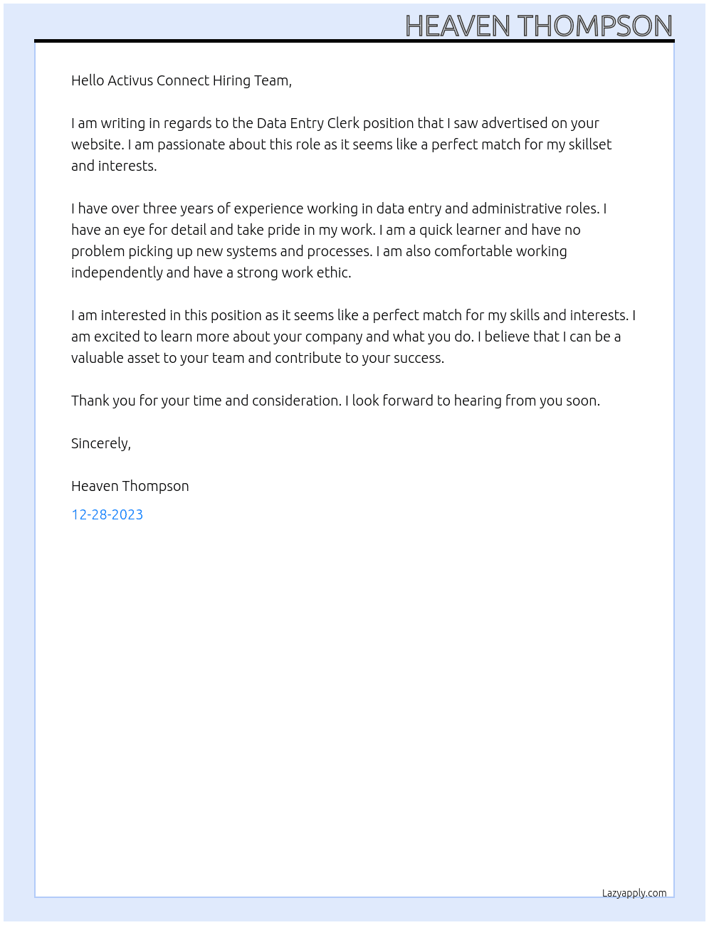 Data Entry Clerk At Activus Connect Cover Letter