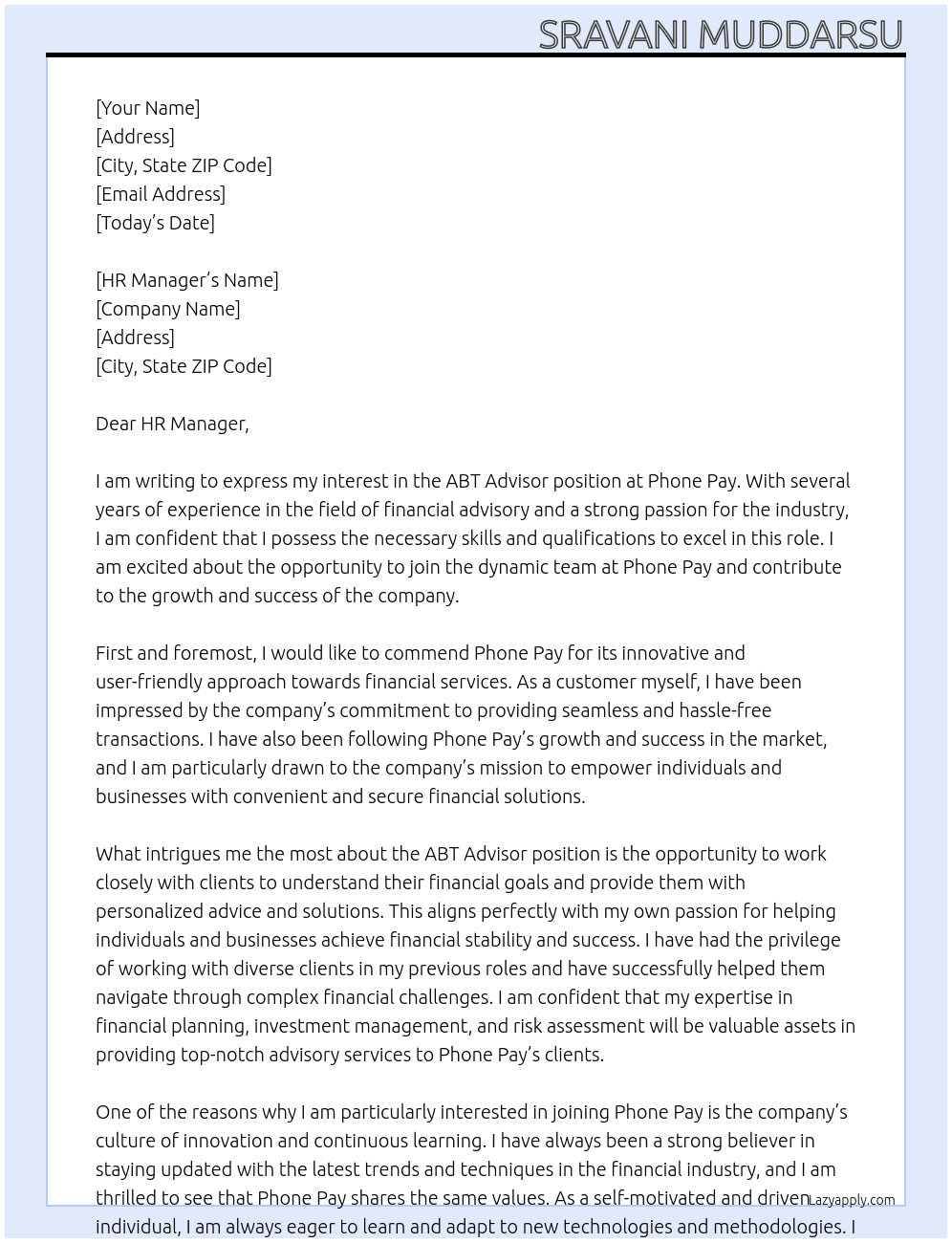 ABT ADVISOR At phone pay Cover Letter