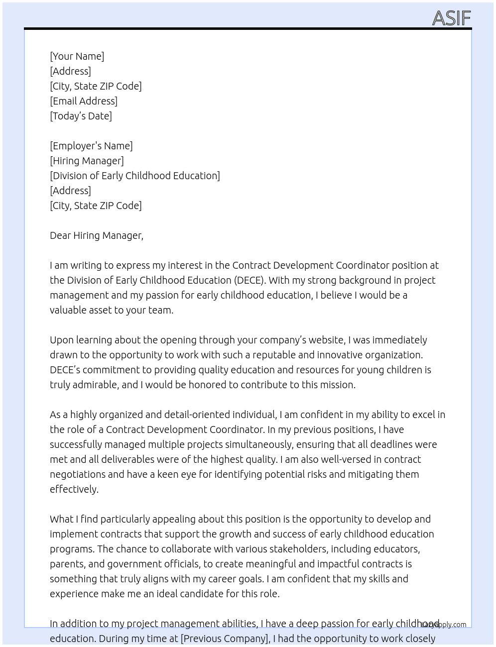 Contract Development Coordinator, DECE At Division of Early Childhood Education Cover Letter
