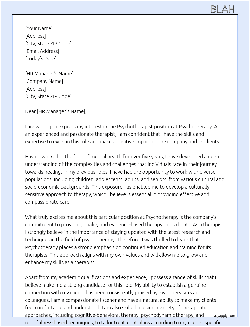 Psychotherpist At Psychotherapy  Cover Letter