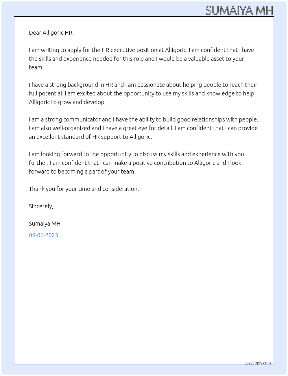 HR executive At AlliGoric Cover Letter