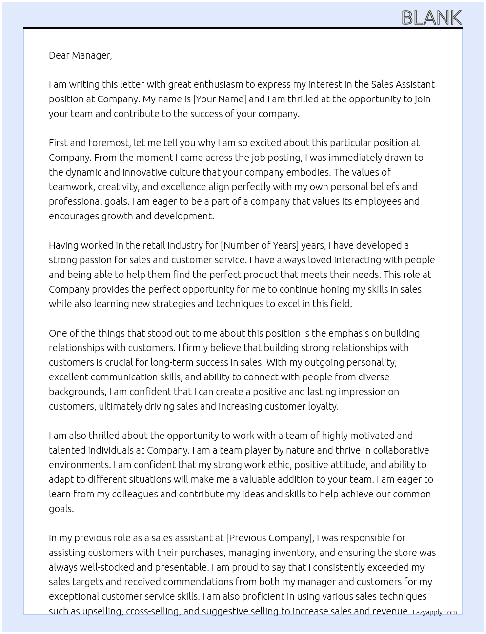 Sales Assitant At Company Cover Letter