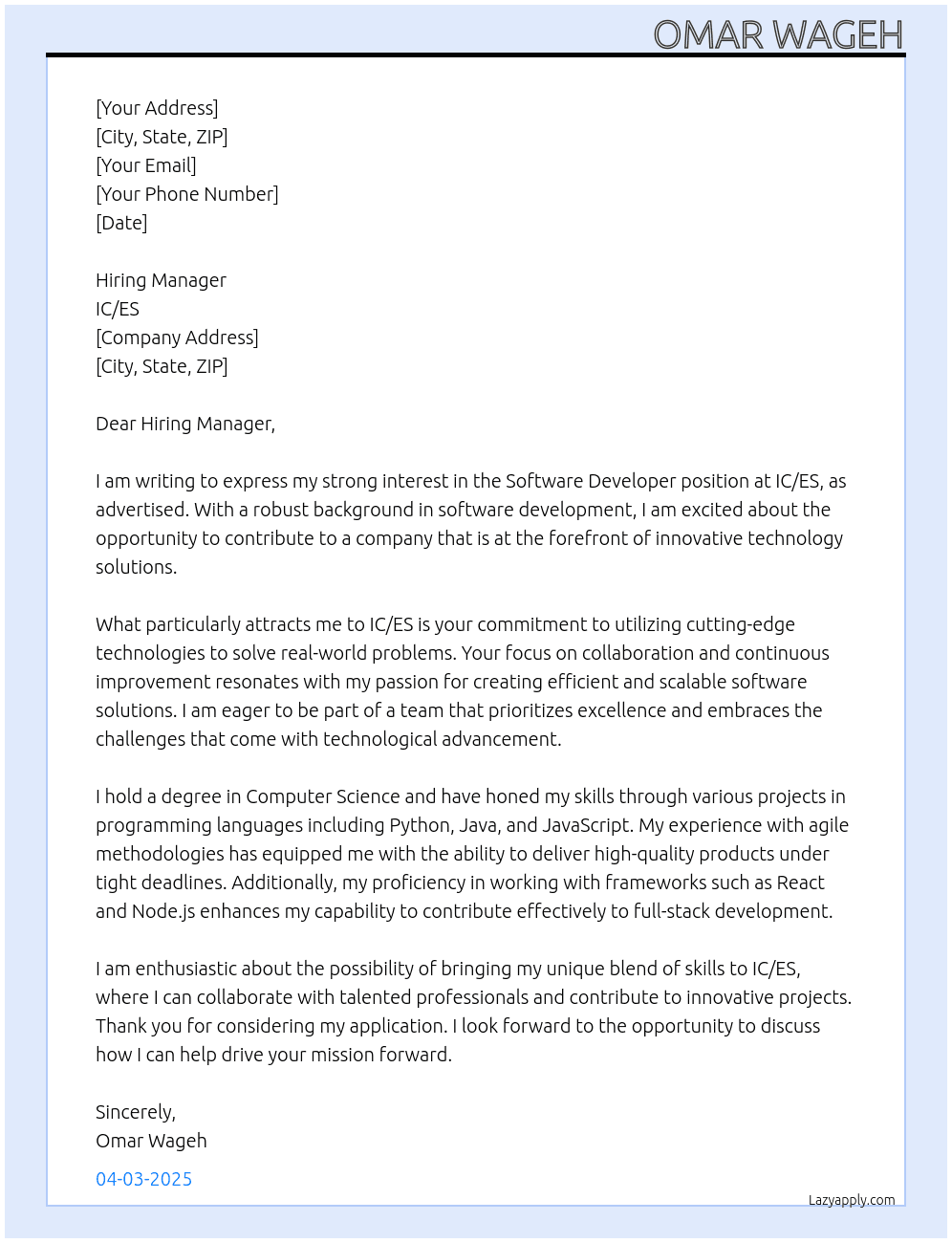 Software Developer At IC/ES Cover Letter